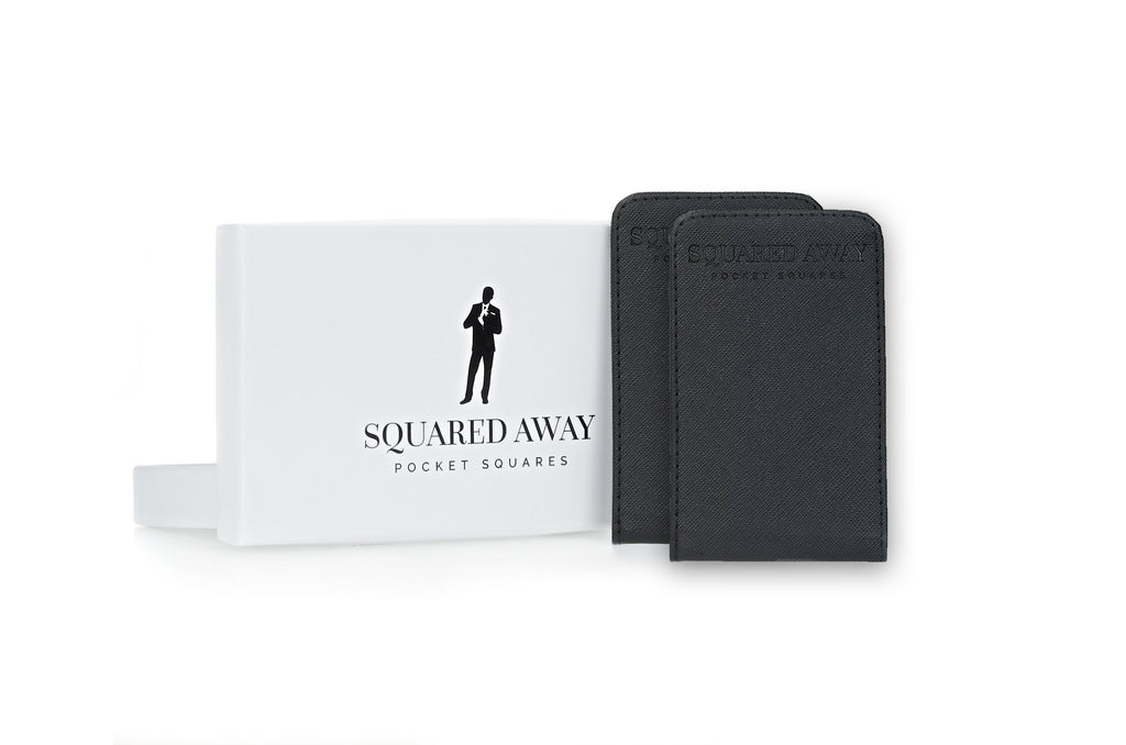 Two magnetic pocket square holders with a white box labeled 'Squared Away' on a white background