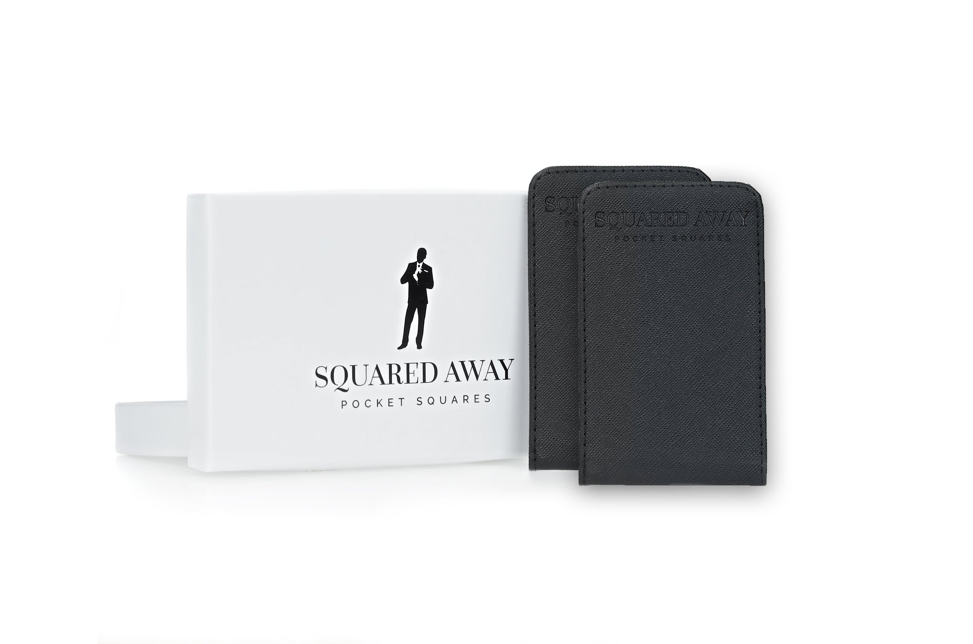 Two magnetic pocket square holders with a white box labeled 'Squared Away' on a white background