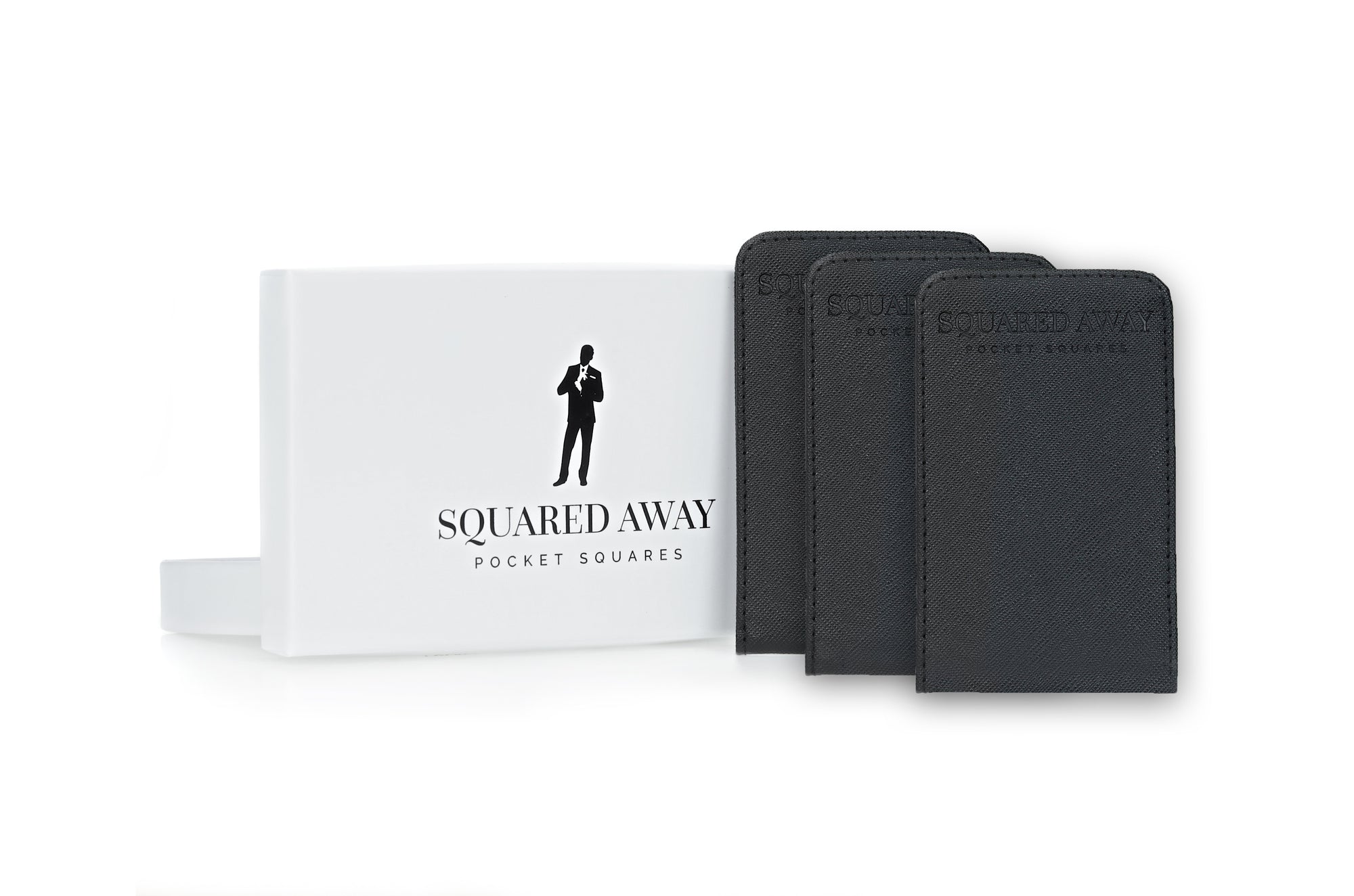 Three magnetic pocket square holder with a white box labeled 'Squared Away' on a white background