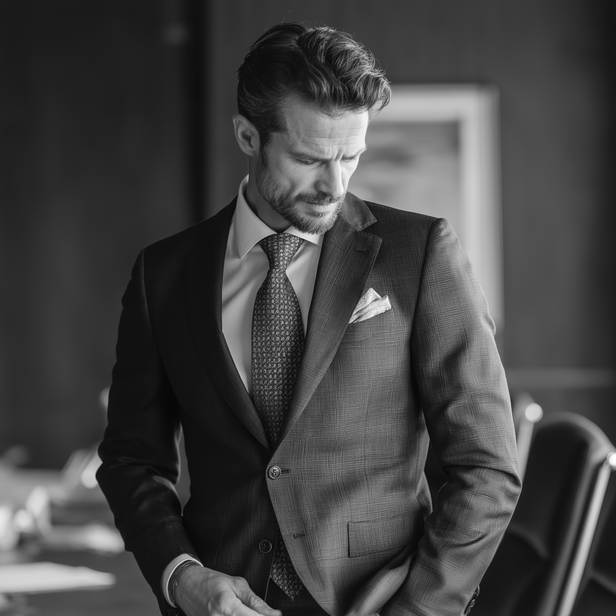 Man in a suit and tie adjusting looking down at his imperfect pocket square in an indoor setting