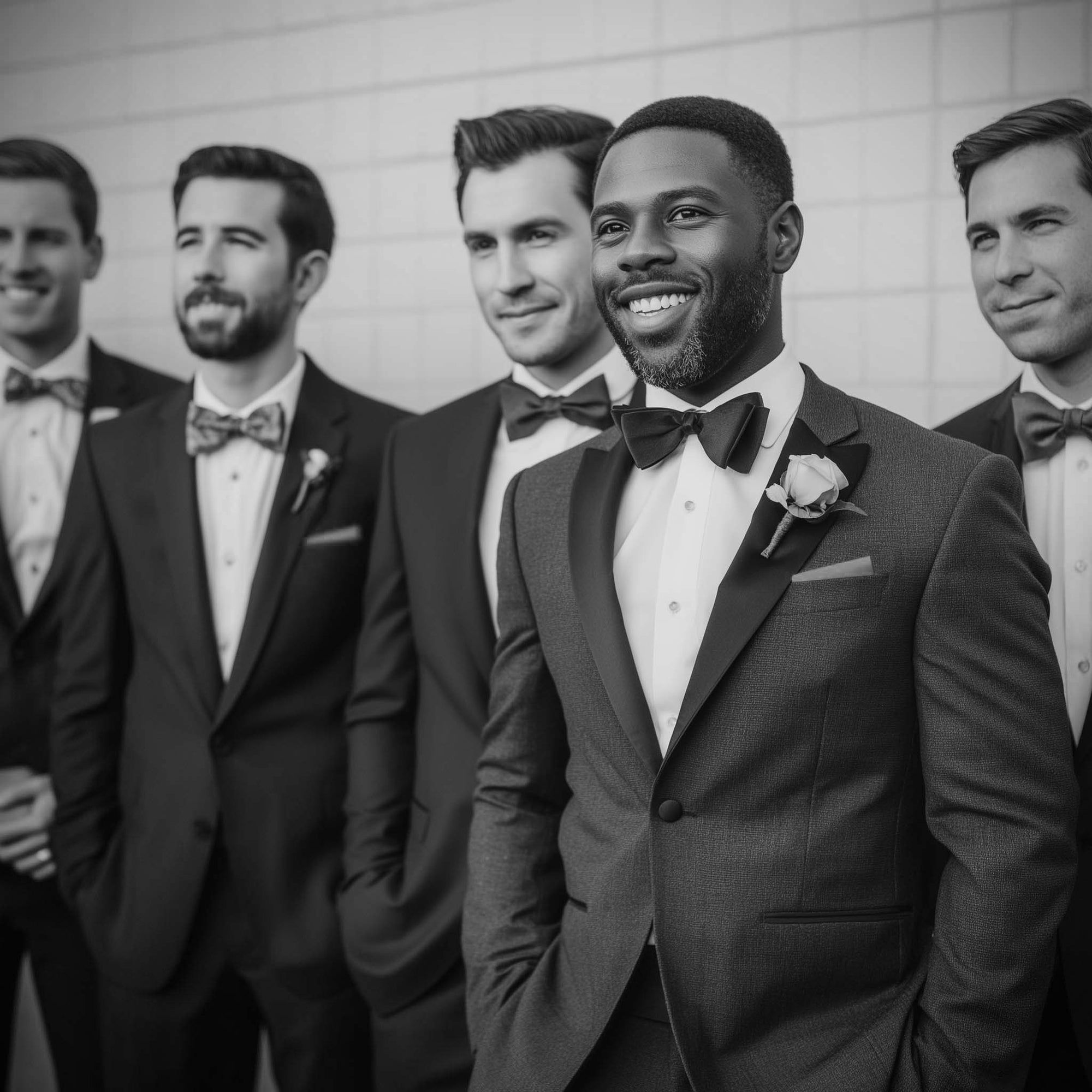 Black and white photo of a groom and his groomsmen in suits with bow ties.